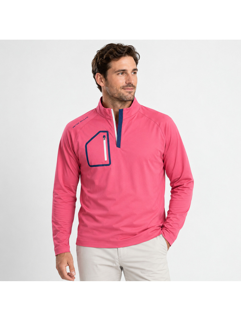 Peter Millar Men's Performance Quarter Zip Pullover Coral Navy Size L